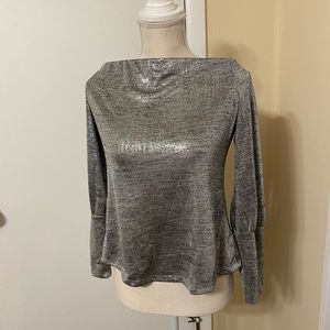 Off the shoulder gray and black shirt.